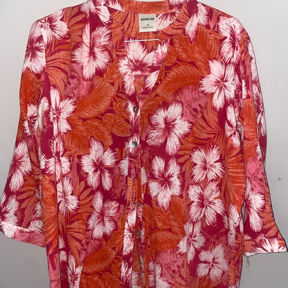 Bedford Fair tropical shirt women’s XL pink orange floral cotton button down